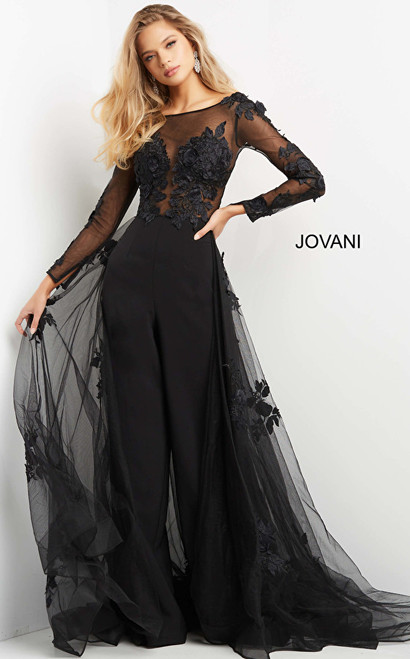 Jovani 06609 Floral Overskirt Long Sleeve Evening Jumpsuit