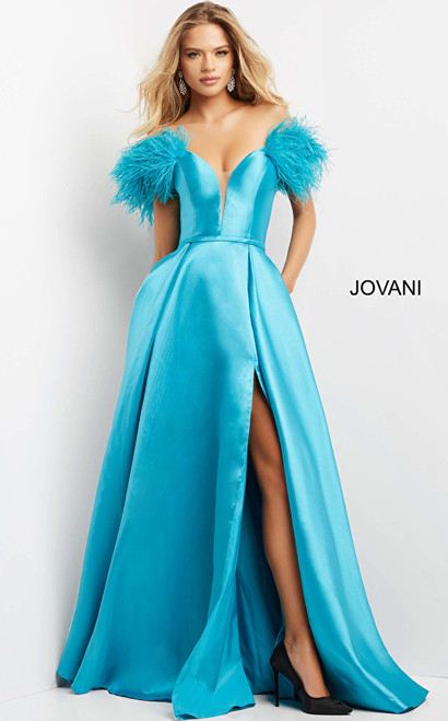 Jovani 08321 High Slit Feather Shoulders Long Evening Gown