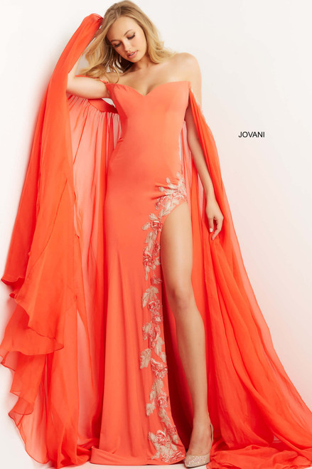 Jovani 07419 Sweetheart Off Shoulder Cape Sheath Long Dress