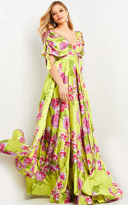 Jovani 04176 Floral V-Neck Chiffon Maxi Long Evening Dress