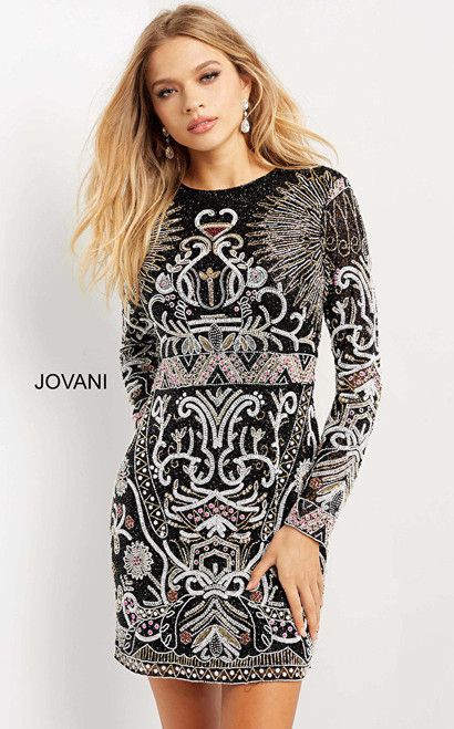 Jovani 07519 Jewel Neck Long Sleeve Beaded Cocktail Dress