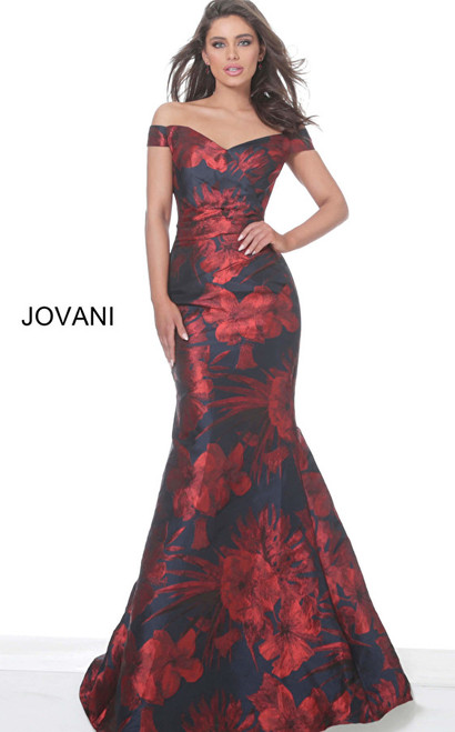 Jovani 03932 Sleeveless Off Shoulder Floral Satin Long Dress