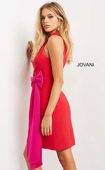 Jovani 07961 Notched Collar Pleated Knee Length V Neck Dress