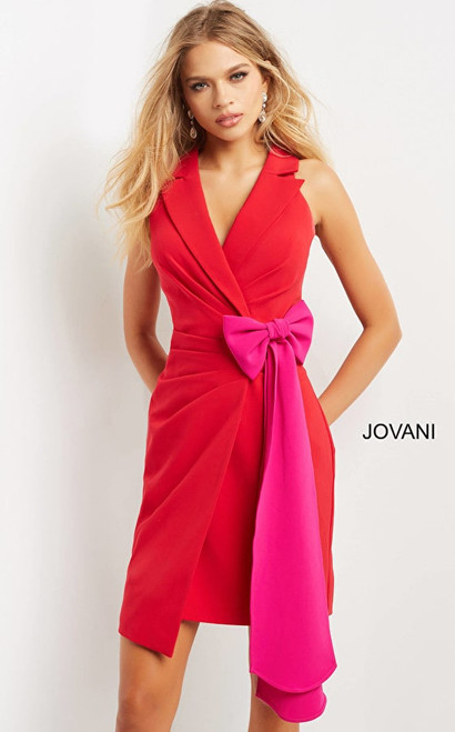 Jovani 07961 Notched Collar Pleated Knee Length V Neck Dress