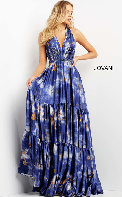Jovani 08577 Pleated Halter Neck Maxi Prom Dress
