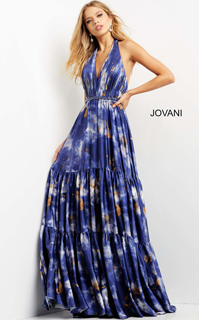 Jovani 08577 Pleated Halter Neck Maxi Prom Dress