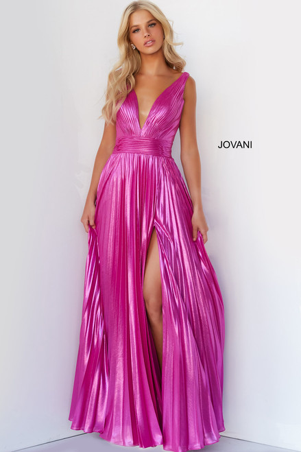 Jovani 06220 Sleeveless Pleated Metallic High Slit Long Gown