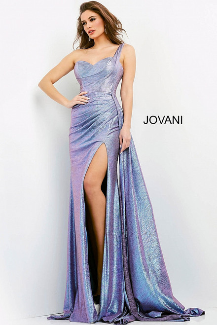 Jovani JVN04013 Sleeveless One Shoulder Metallic Sheath Gown