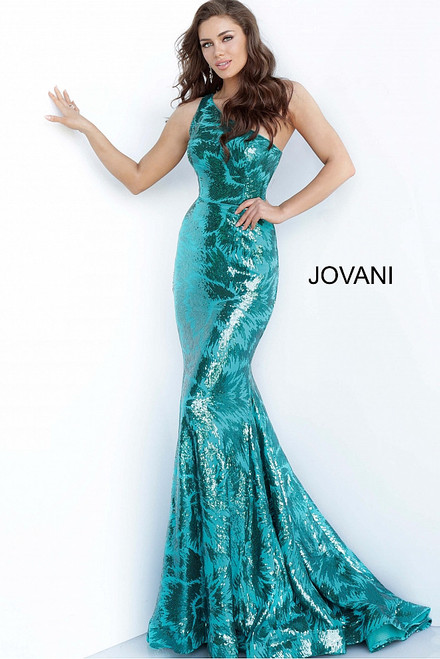 Jovani JVN1845 Sleeveless Asymmetric Sequin Trumpet Gown