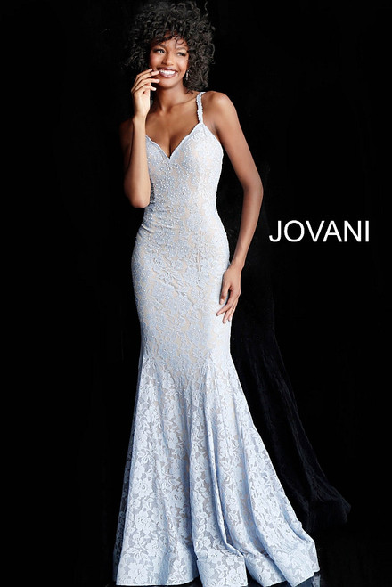 Jovani JVN68005 Jeweled Lace Low V-Neck Mermaid Long Gown