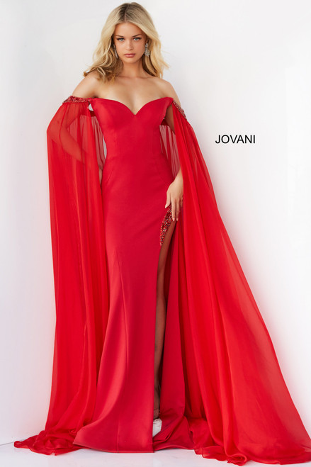 Jovani 07652 Beaded Cascading Drape Off Shoulder Long Gown