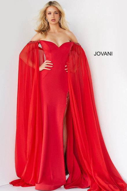 Jovani 07652 Beaded Cascading Drape Off Shoulder Long Gown