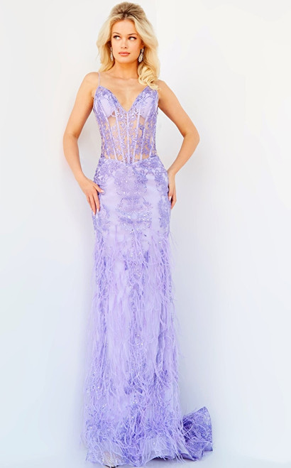 Jovani 08141 Spaghetti Straps Feather Accented Corset Gown