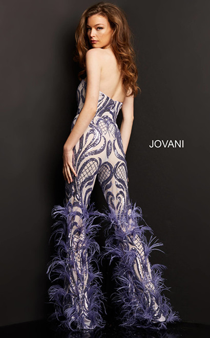 Jovani 05669 Strapless Sweetheart Feathered Long Jumpsuit