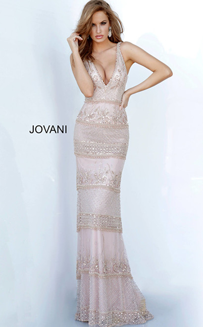 Jovani 4099 Beaded Embellished V-Neck Plunging Neck Dress