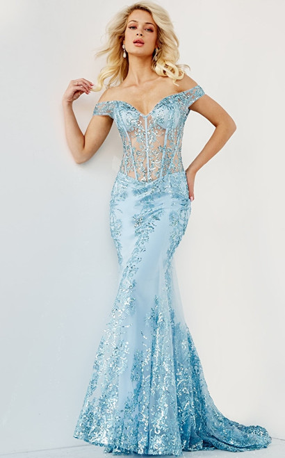 Jovani 06369 Beaded Off Shoulder Embellished Mermaid Gown