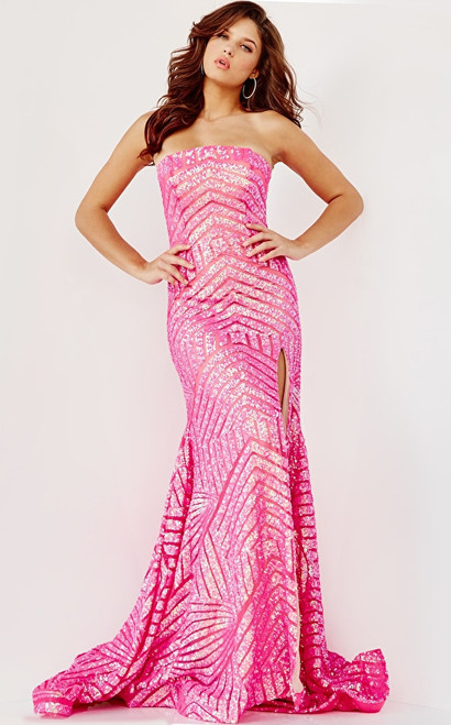 Jovani 06394 Chevron Sequin Strapless High Slit Long Gown