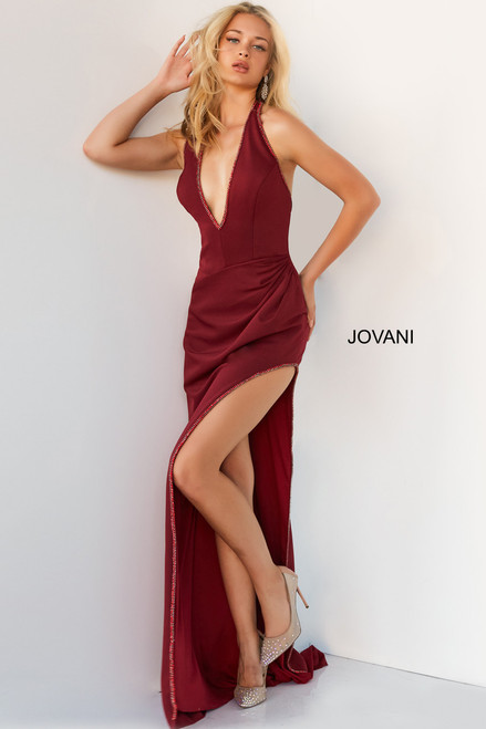 Jovani 07141 Sleeveless Halter Plunging V-Neck Sheath Dress