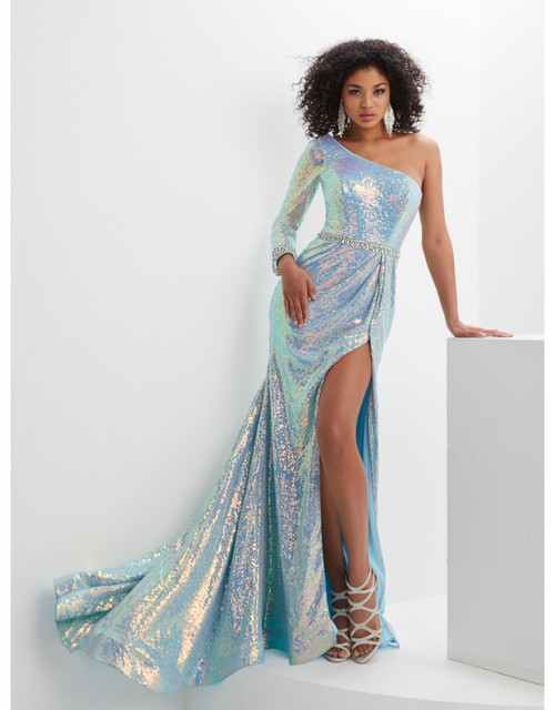 House of Wu 14136 Iridescent Sequin One Sleeve Panoply Gown