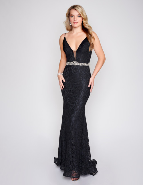 Nina Canacci 2299 Low V-Neck Lace Long Fitted Evening Dress