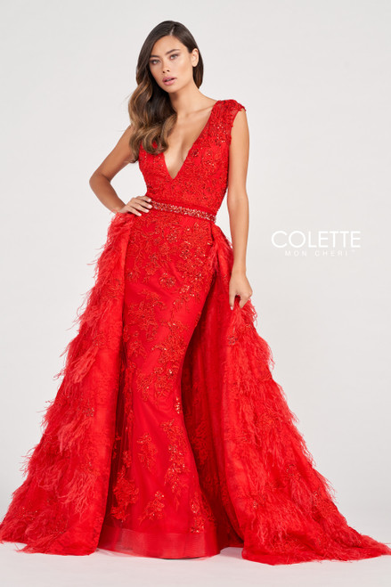 Colette by Daphne CL2096 Tulle Lace Feathers Prom Dress