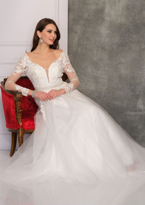 Dave and Johnny 10766 Long Sleeves Plunging Neck Bridal Gown