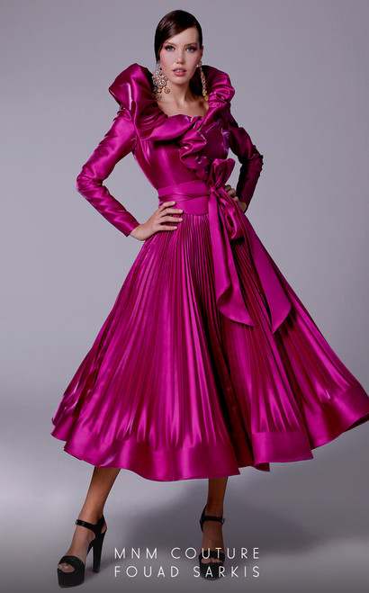MNM Couture 2696 Silk Stand Collar Neck Tea Length Dress