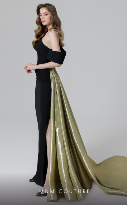 MNM Couture N0466 Crepe Metallic Off Shoulder Fitted Dress