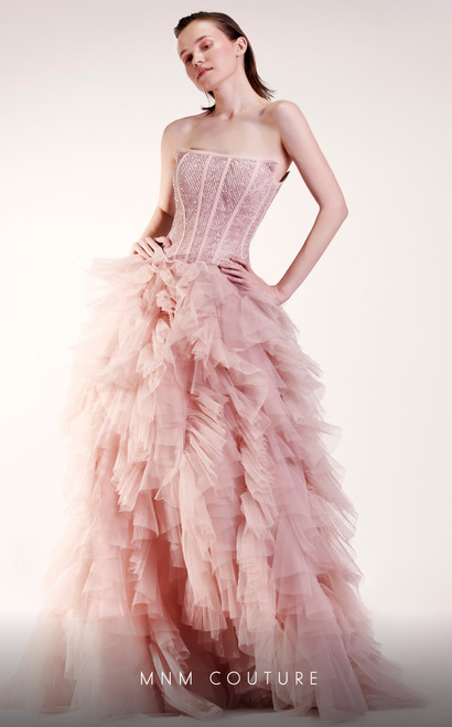 MNM Couture G1409 Chiffon Strapless Ruffles A-Line Dress