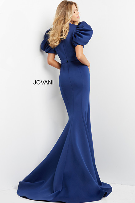 Jovani 07268 Scuba Plunging V-Neck Puff Sleeve Long Dress