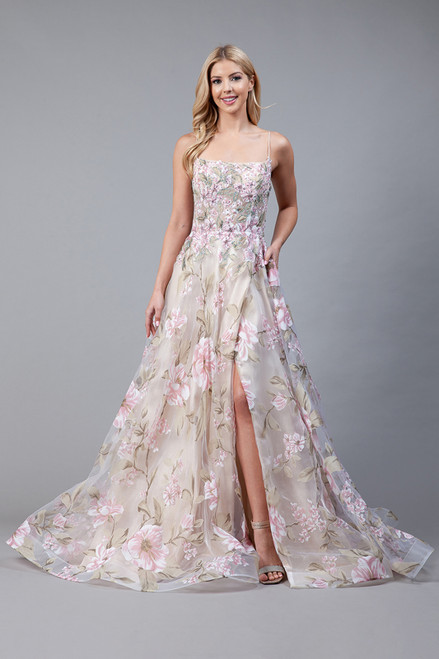 Amelia Couture 2105 Print Organza Sleeveless Long Dress