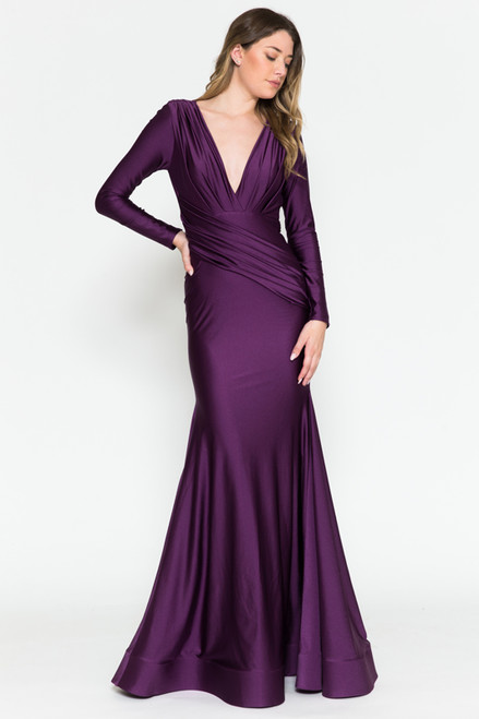 Amelia Couture 381-1 Lycra V-neck Long Sleeves Long Dress