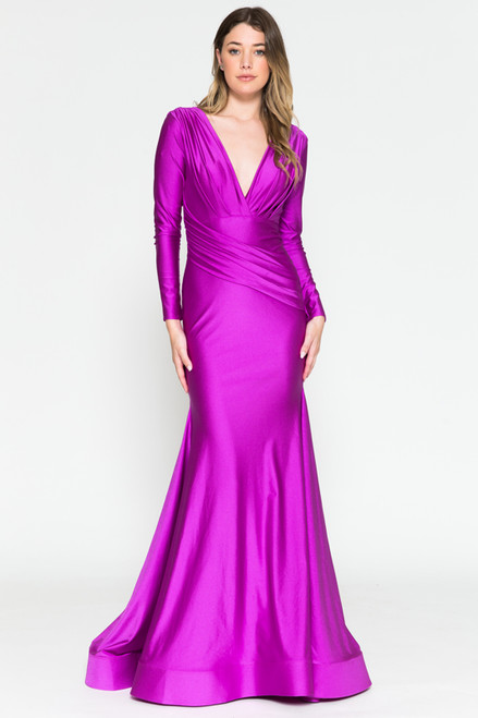 Amelia Couture 381-1 Lycra V-neck Long Sleeves Long Dress