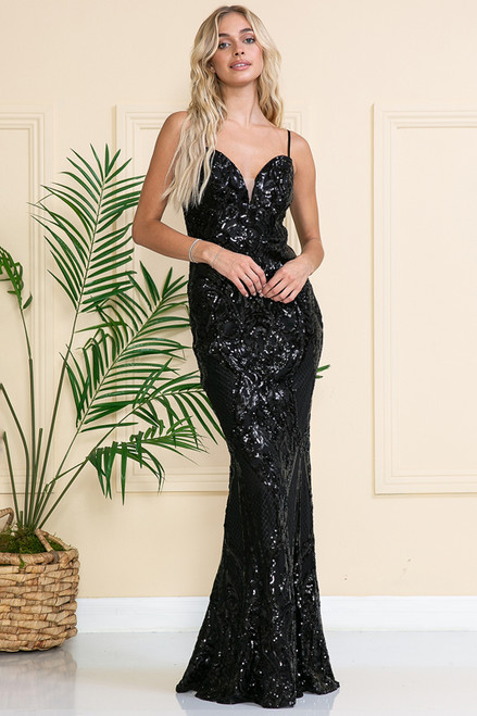 Amelia Couture 791 Mesh Sequins V-neck Sleeveless Long Dress