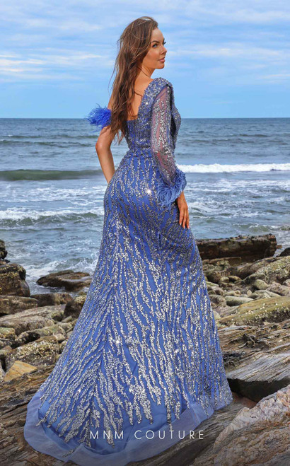 MNM Couture M1057 Off Shoulder One Sleeve Feather Long Dress