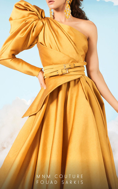 MNM Couture 2636 Long Sleeve Asymmetrical Neck Long Dress