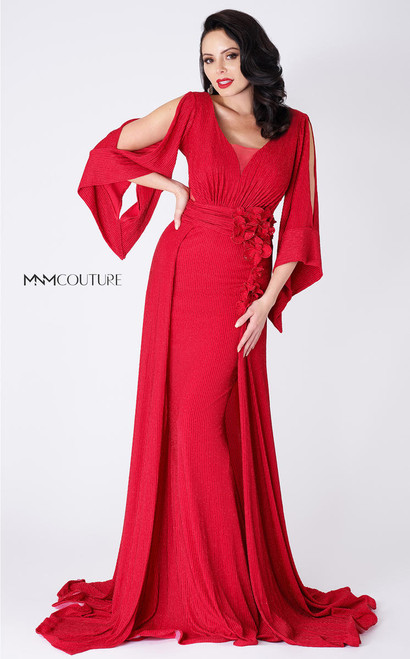 MNM Couture F4585 Illusion Neck beaded 3/4 Sleeve Long Dress