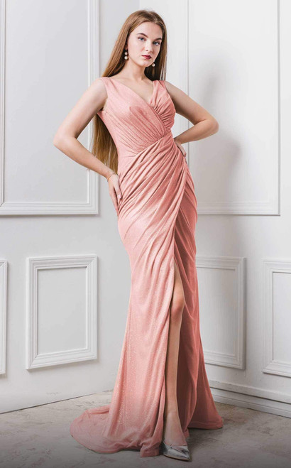 MNM Couture F6265 Sleeveless V-neck Wrapped Long Dress