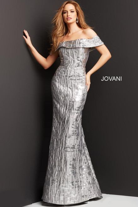 Jovani 06624 Jacquard Off Shoulder Strapless Train Dress