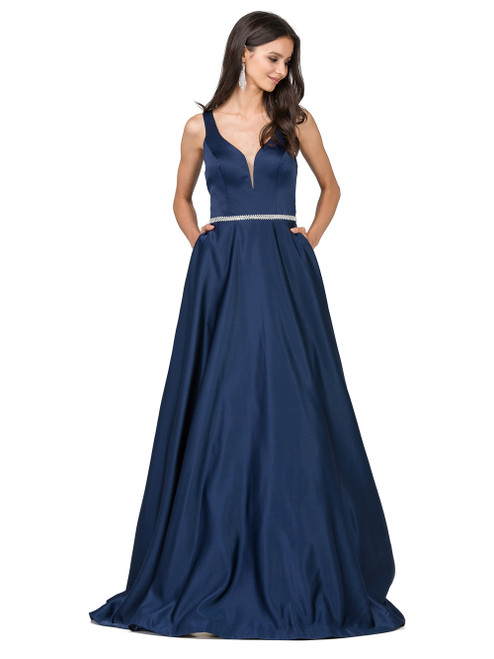 Dancing Queen 9754 Satin Illusion Plunging V-neck Long Dress