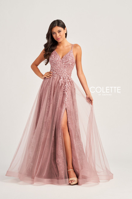 Colette by Daphne CL5197 Glitter Lace V-Neck Long Dress
