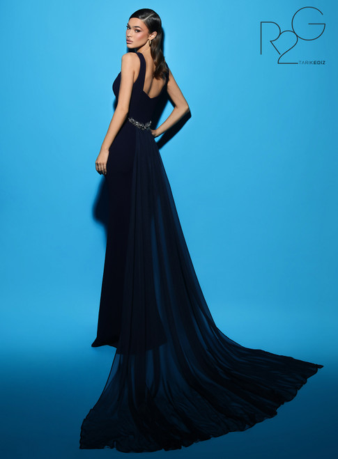 Tarik Ediz 53104 Crepe Plunging Neck Sleeveless Long Dress