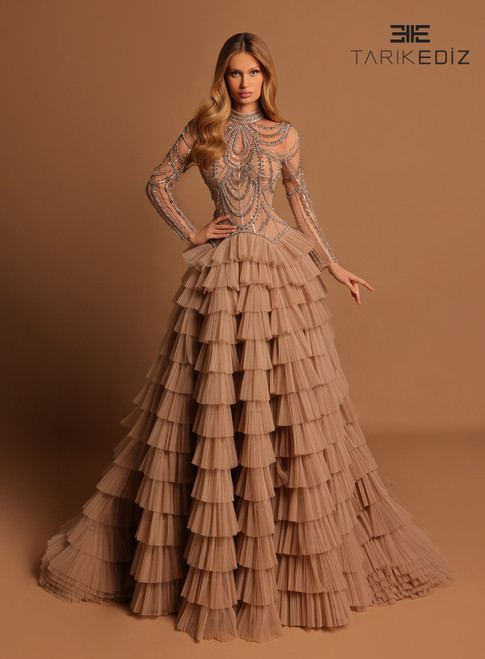 Tarik Ediz 98491 Glitter Tulle Beaded Long Sleeve Long Dress