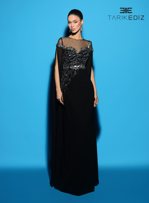 Tarik Ediz 98493 Chiffon Crepe Beaded Illusion Neck Dress