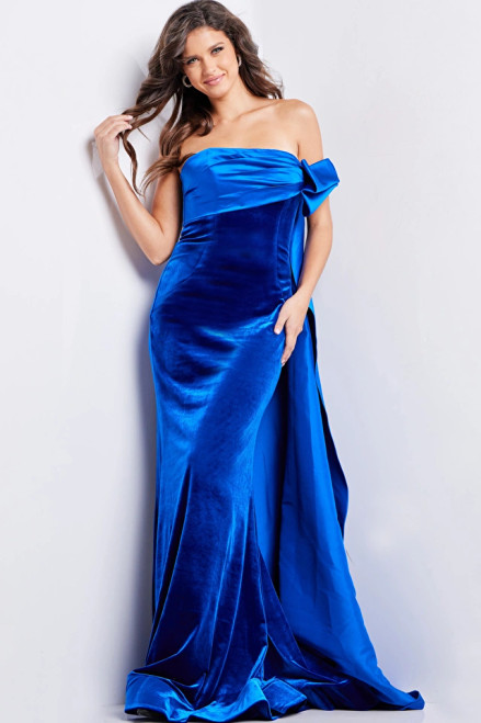 Jovani 37390 Velvet Off Shoulder Straight Neck Fitted Dress