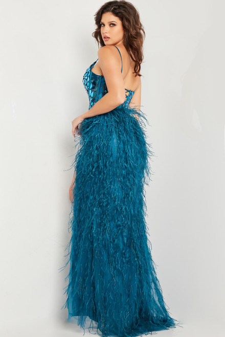 Jovani 37435 Mesh Embellished Bodice Feather Skirt Gown