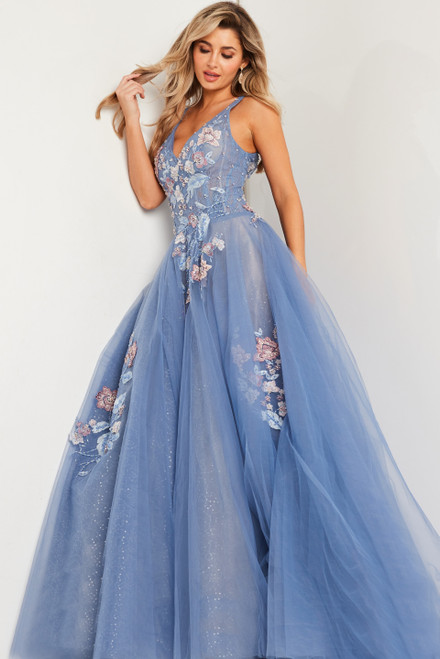 Jovani 37468 Tulle Lace Floral Appliques V-neck Ballgown