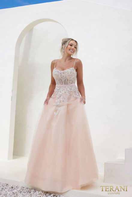 Terani Couture 241P2025 Tulle Spaghetti Neck Long Ballgown