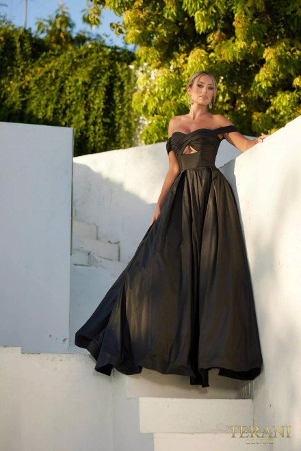 Terani Couture 241P2075 Taffeta Off-Shoulder Neck Ballgown