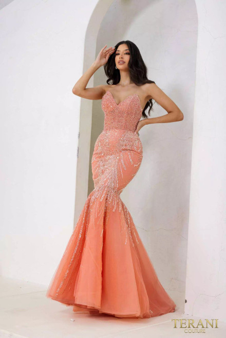 Terani Couture 241P2171 Tulle Strapless Neck Mermaid Dress